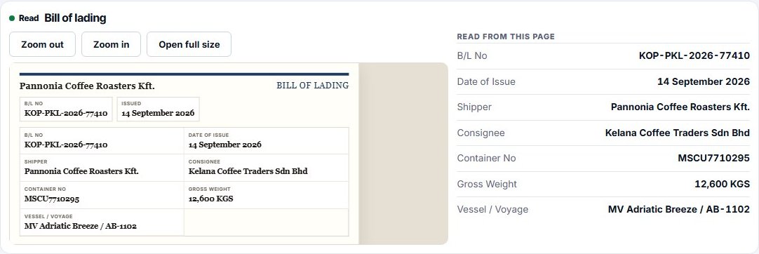 Work in progress: a drawn bill of lading page on the left and, on the right, the fields read from it, such as the bill of lading number, shipper, consignee, container number and gross weight